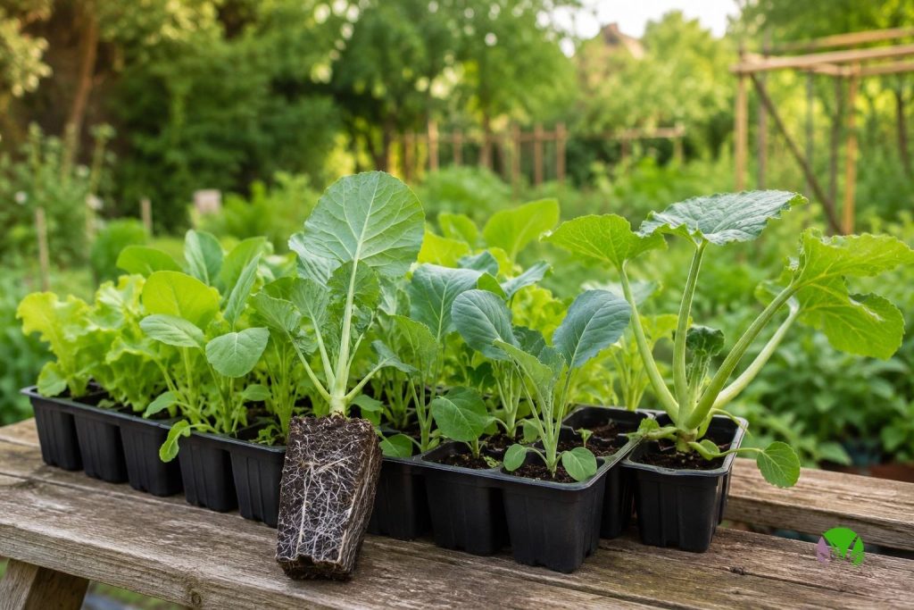 Trays of young vegetable plants delivered ready for planting out