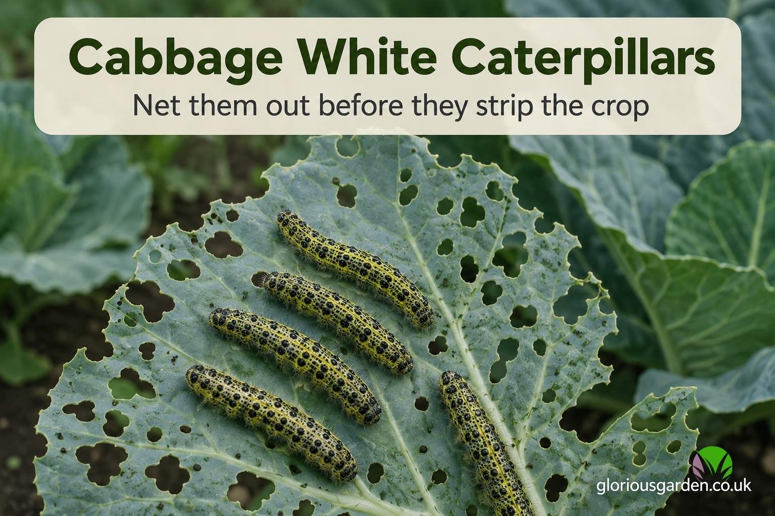 Cabbage white caterpillars eating a cabbage leaf full of ragged holes