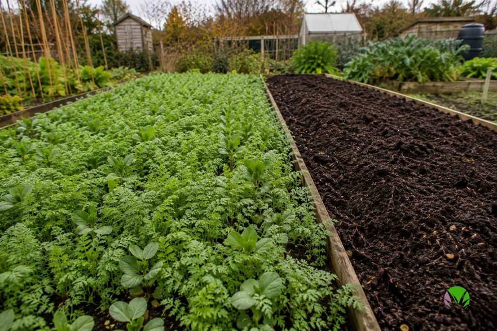 Young green manure seedlings covering a cleared vegetable bed in autumn