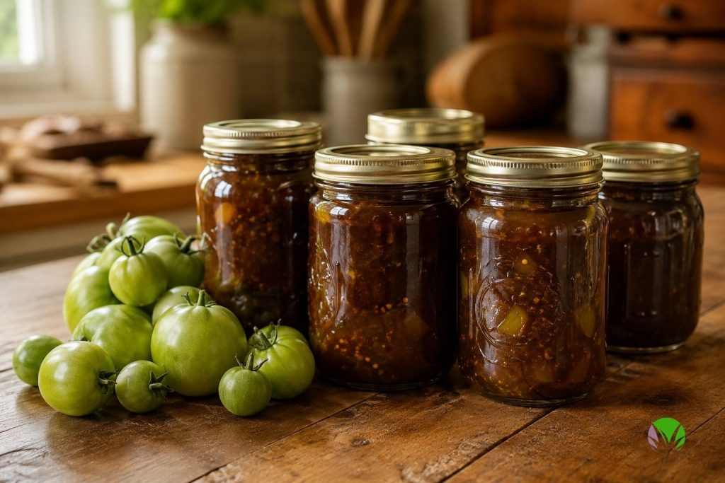 Jars of homemade green tomato chutney with fresh green tomatoes beside them