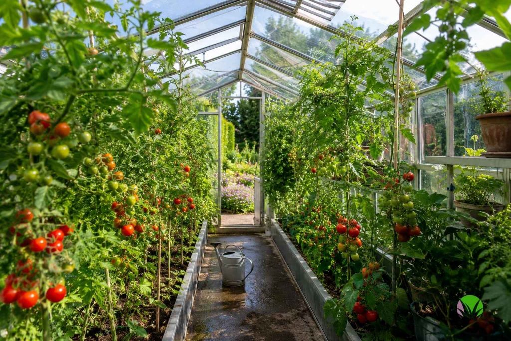 Open greenhouse vents with tall tomato plants and ripening trusses inside in August
