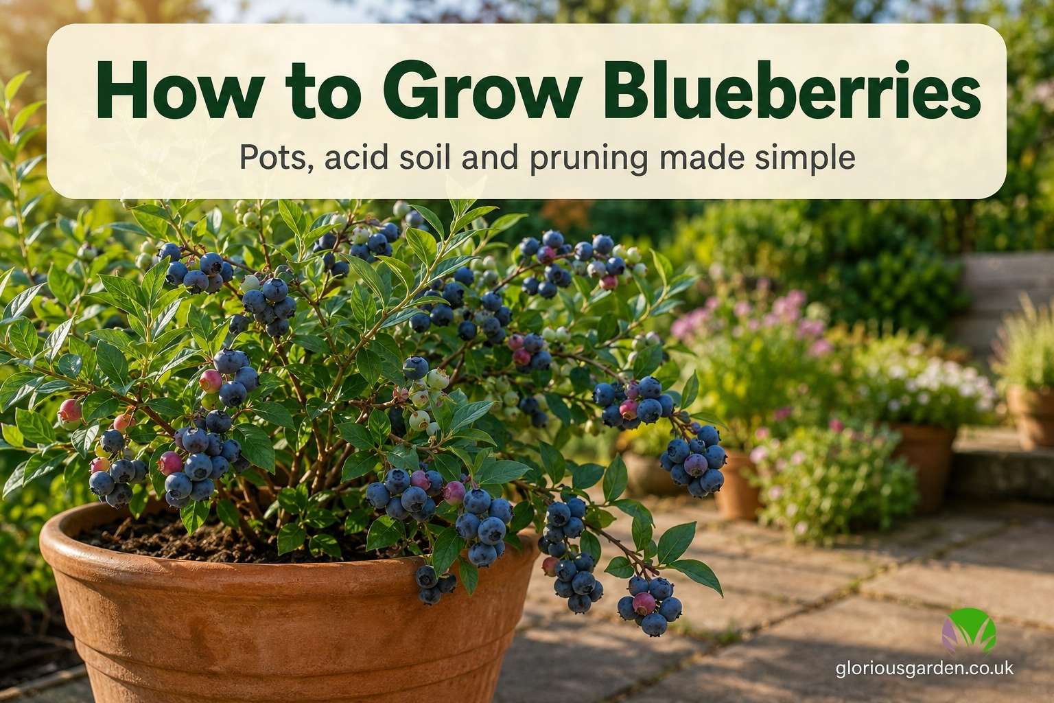 Blueberry bush heavy with ripe berries growing in a large pot on a UK patio