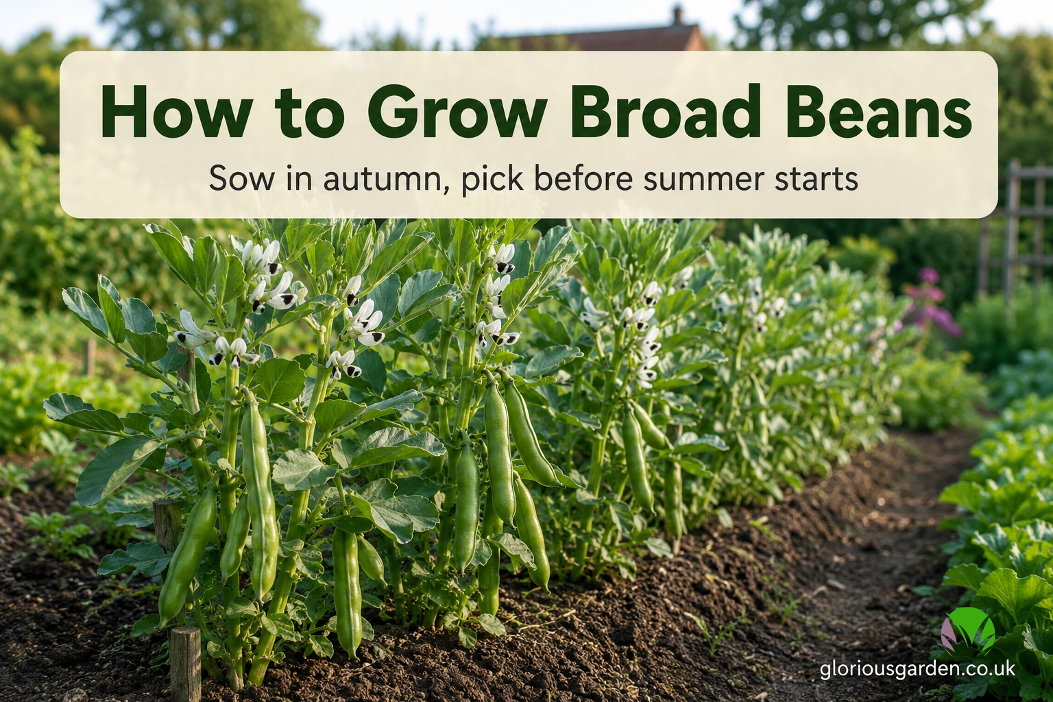 Broad bean plants with full pods growing in a double row in a UK vegetable garden