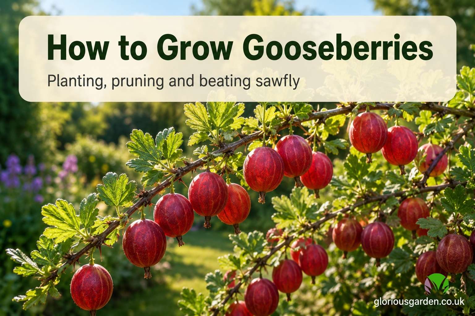 How to grow gooseberries, ripe red gooseberries on a bush in a UK garden