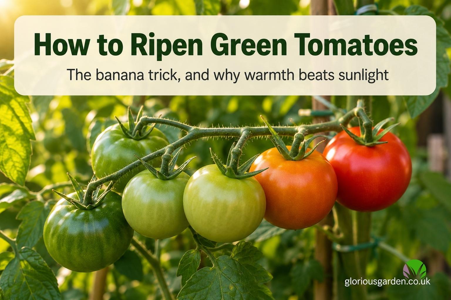 Green and ripening tomatoes on the vine, some turning red, in a UK garden