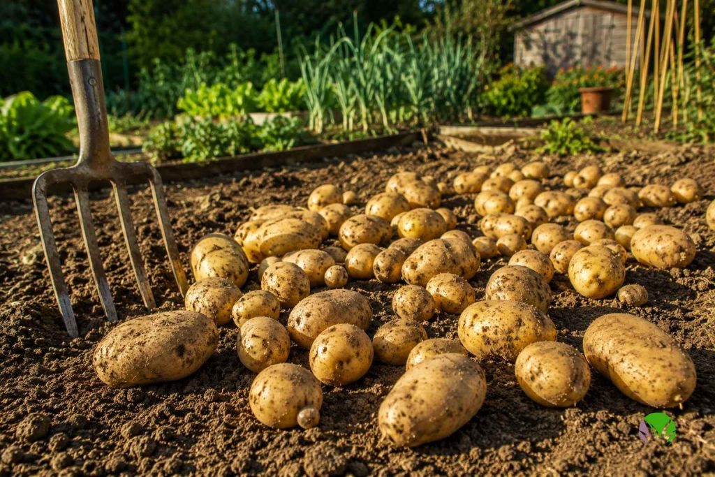 Clean firm potatoes drying on the soil surface after lifting on a dry day