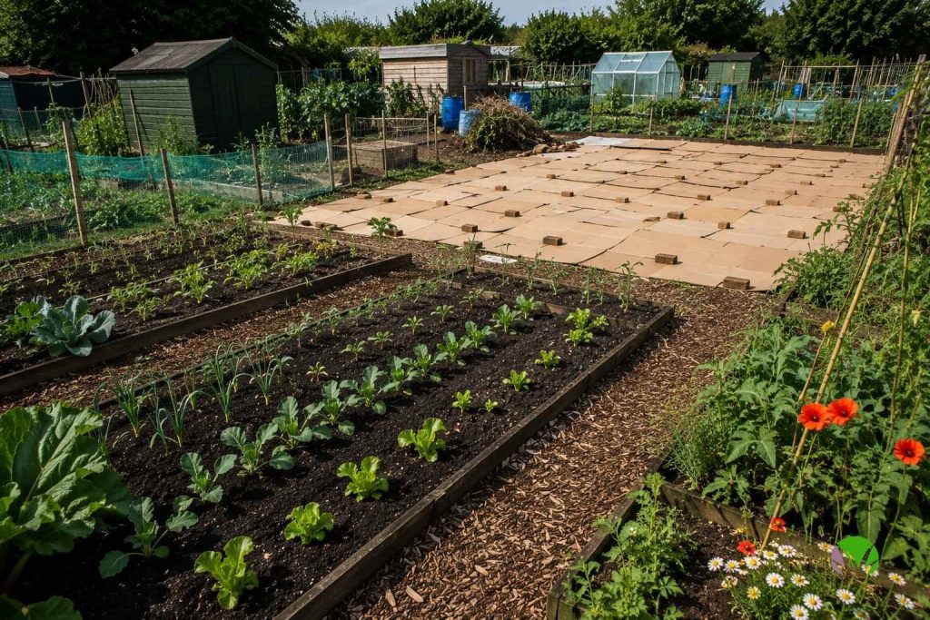 No dig allotment with compost beds, woodchip paths and cardboard covering uncleared ground