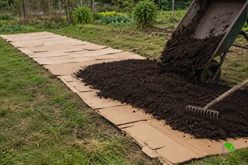 Overlapping sheets of brown cardboard laid over grass with compost being spread on top