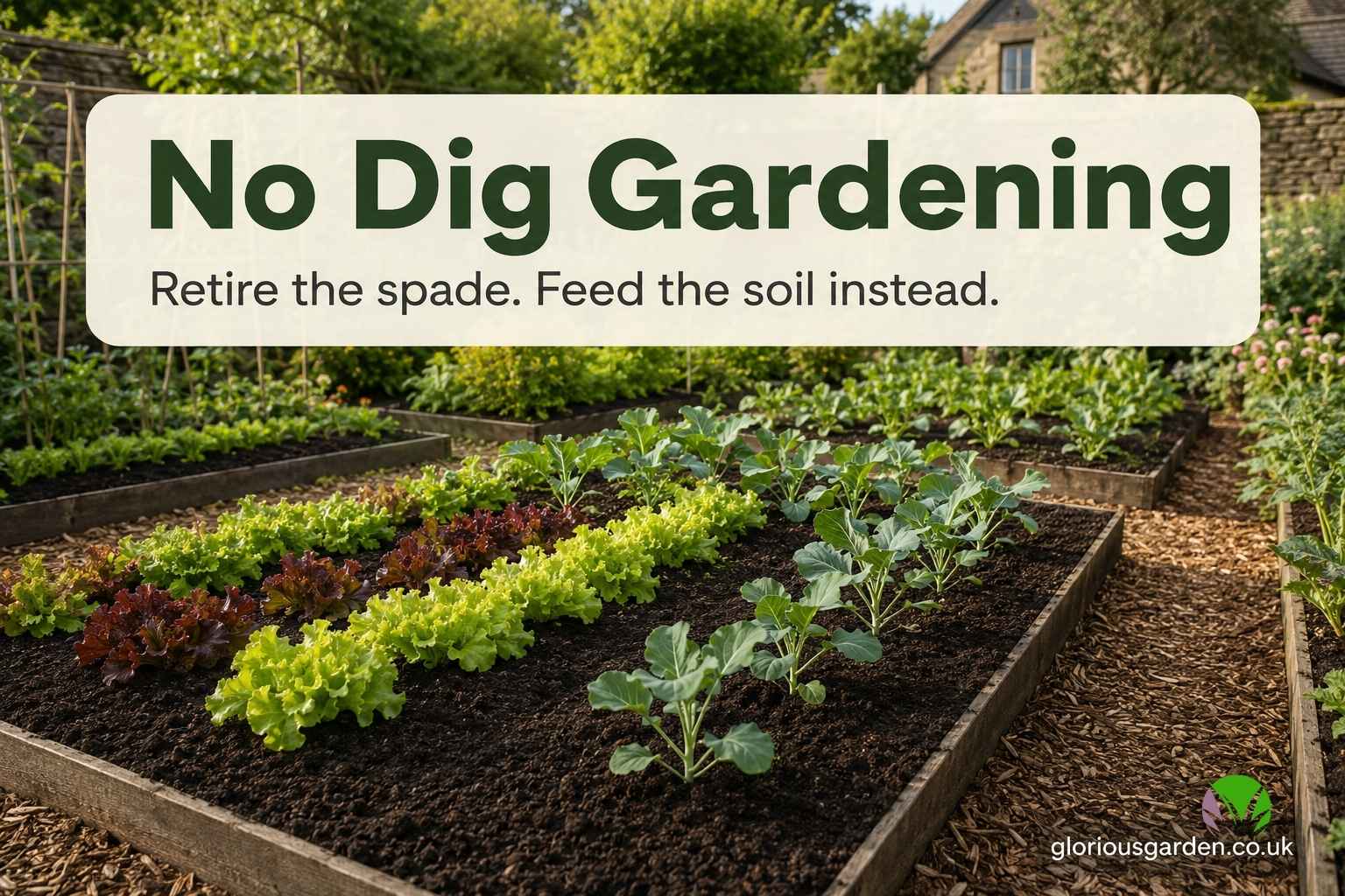 No dig vegetable beds with deep compost surface and healthy crops in a UK garden