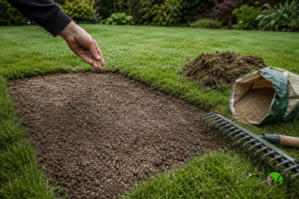 Over-seeding a bare lawn patch with grass seed and top dressing in September