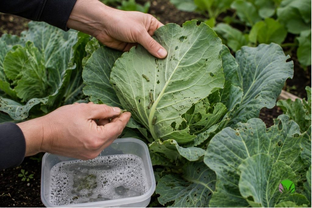 Hand picking caterpillars off the underside of a cabbage leaf into a tub