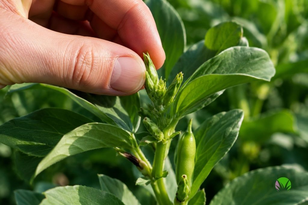 Fingers pinching out the soft growing tip of a broad bean plant to prevent blackfly