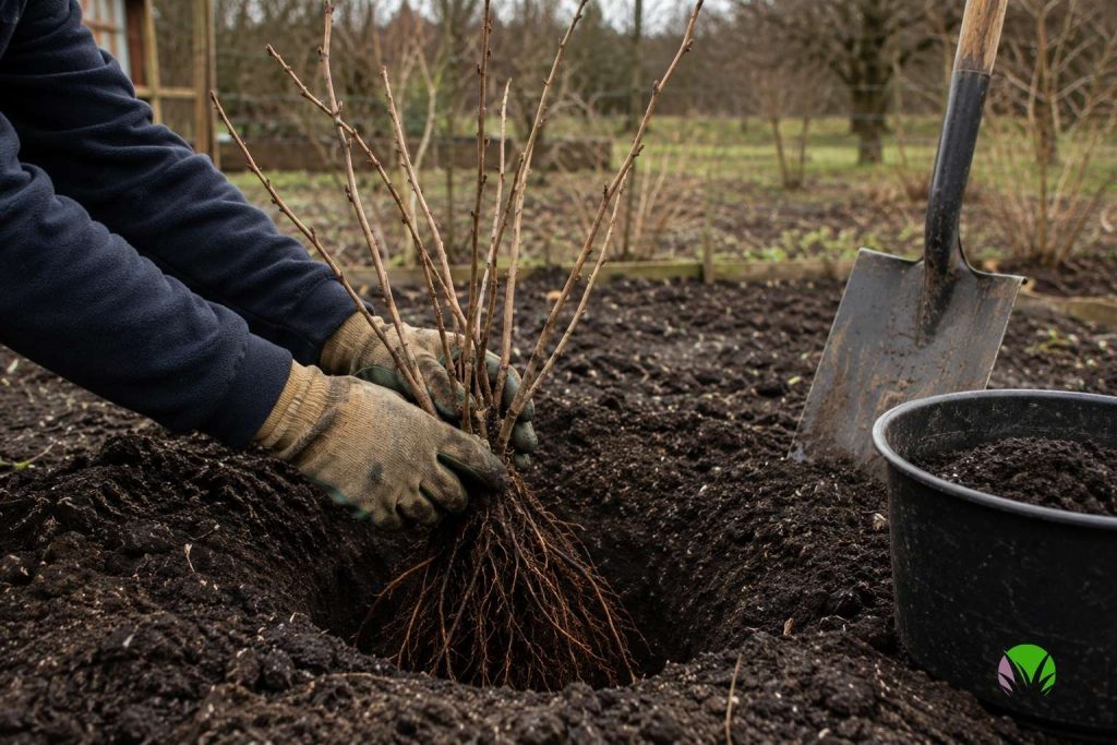 Planting a bare-root gooseberry bush in a hole with a spade in winter
