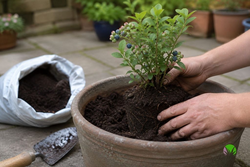 Young blueberry plant being potted into ericaceous compost in a large container
