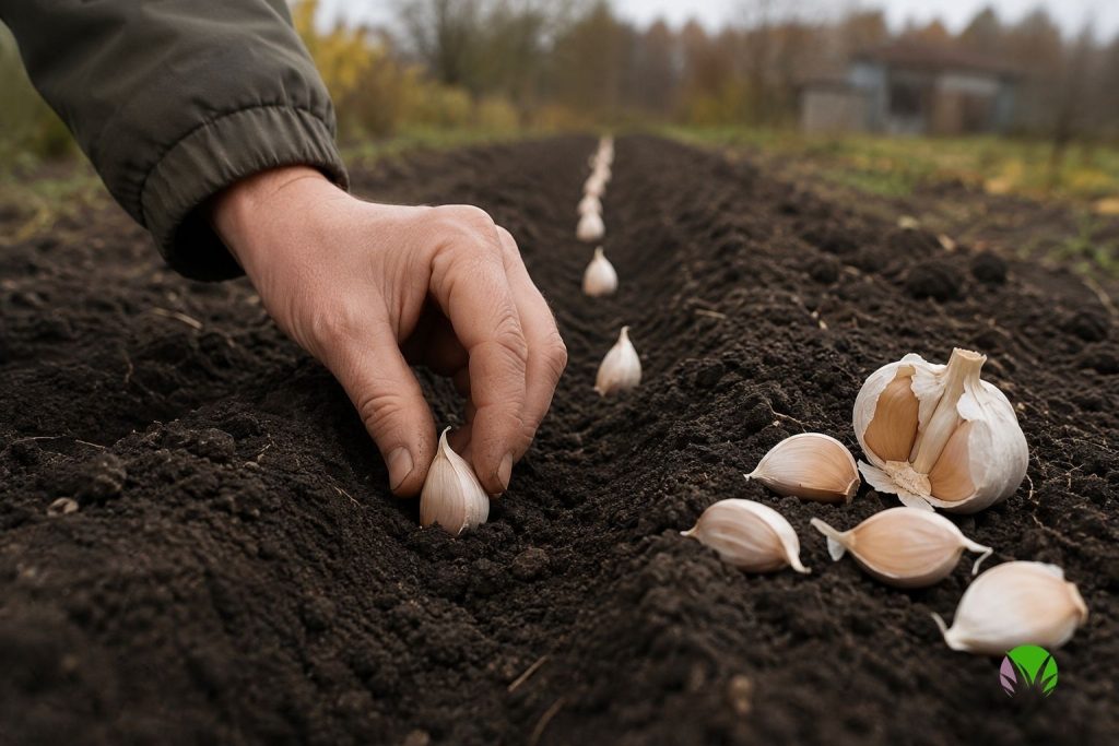 Planting garlic cloves into autumn soil, pointed end upwards