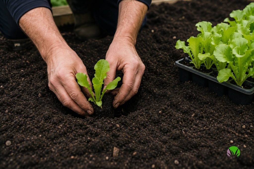 Young lettuce plant being planted directly into the compost layer of a new no dig bed