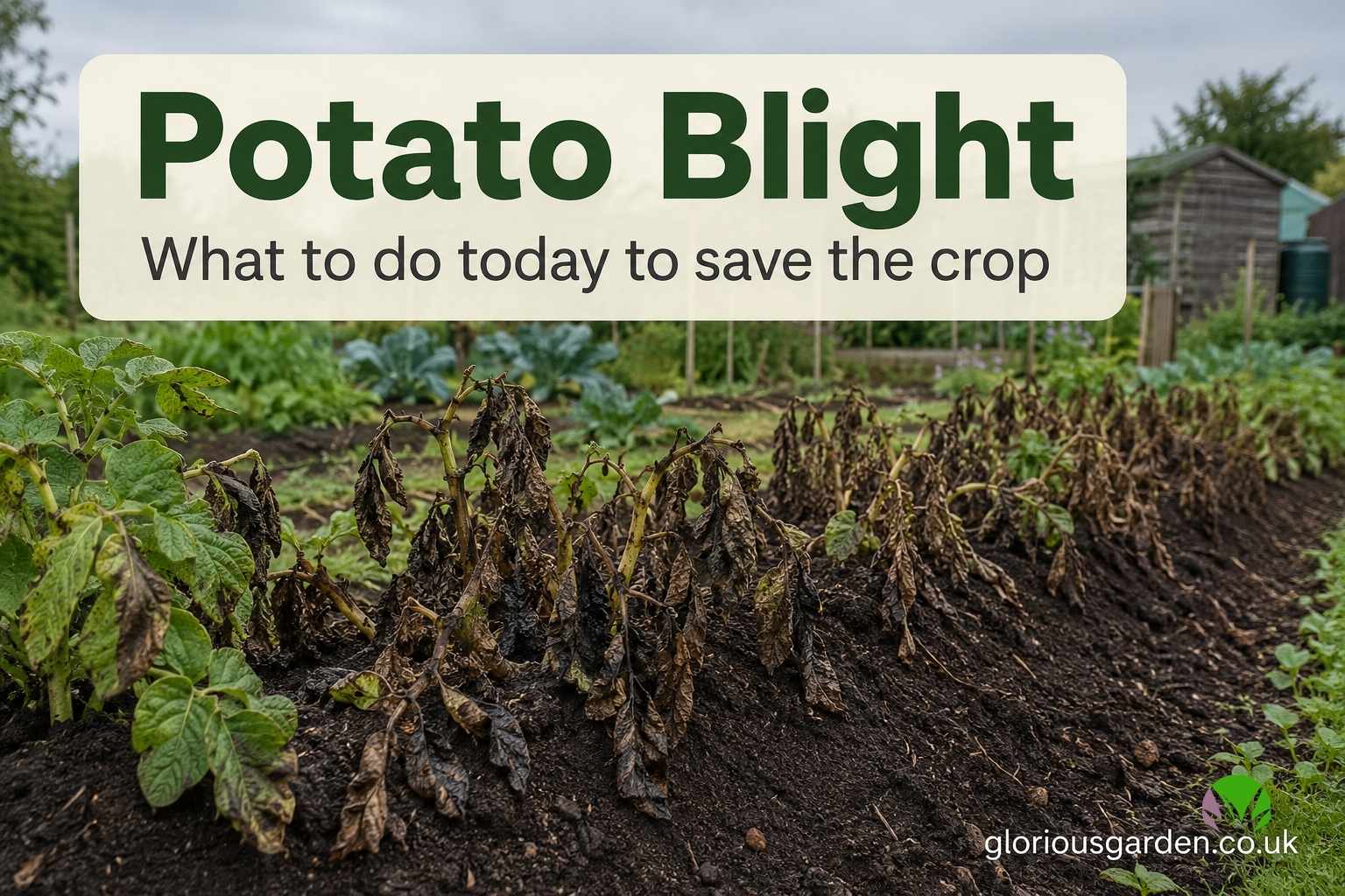 Potato blight, collapsed brown potato haulms in a UK vegetable bed