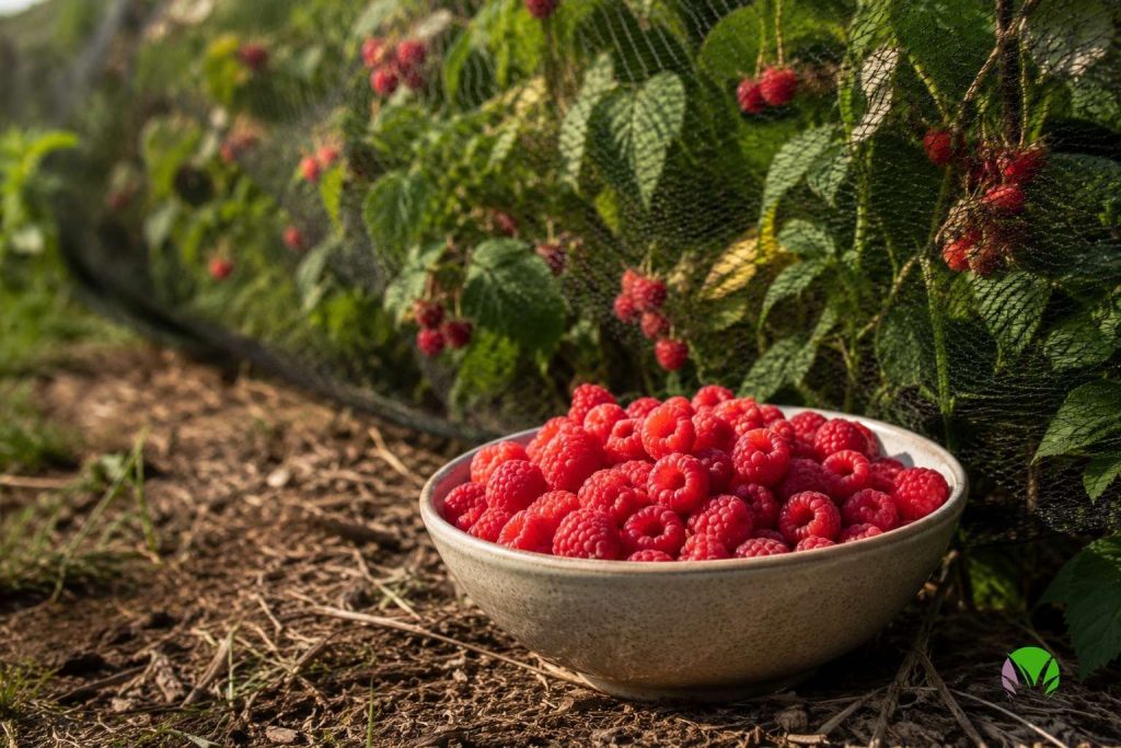 Bowl of freshly picked raspberries beside canes protected by bird netting
