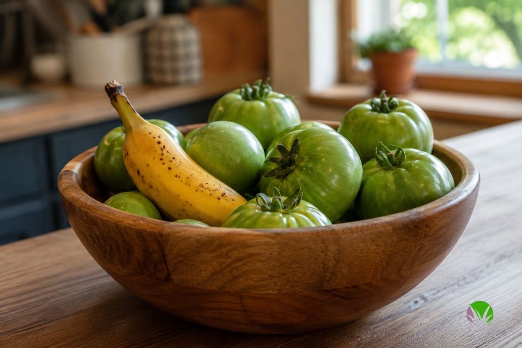 Green tomatoes ripening in a bowl beside a ripe banana on a kitchen counter