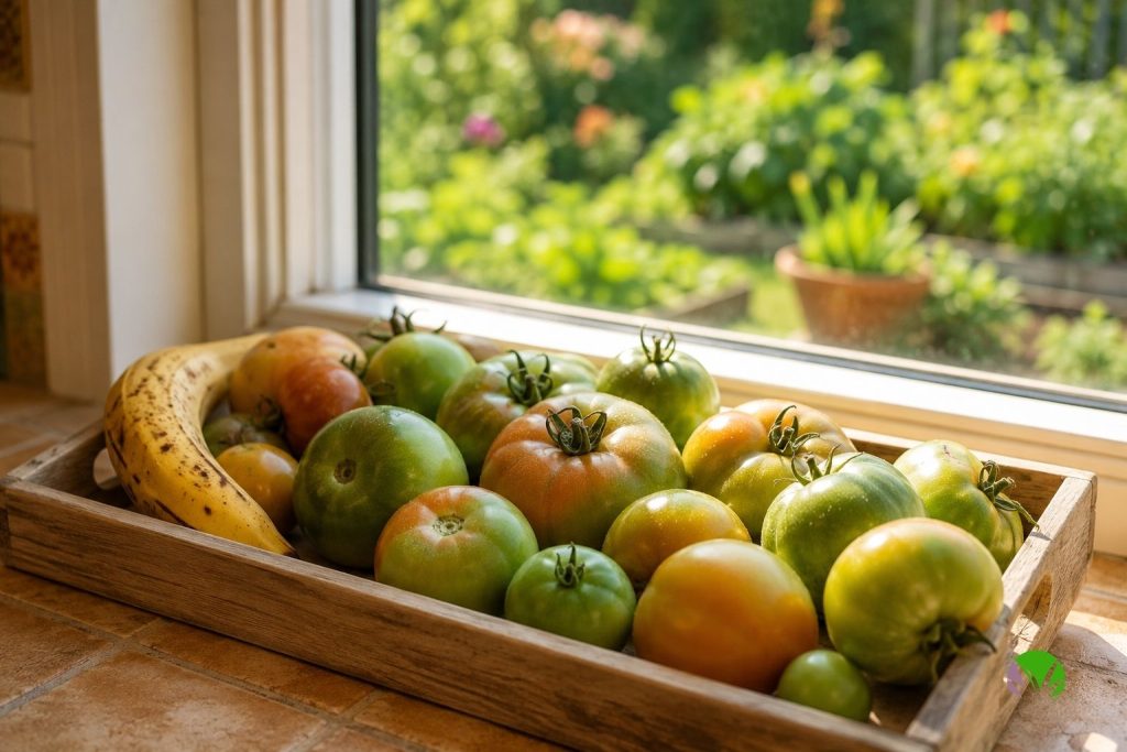 Firm green tomatoes rescued from blight ripening indoors on a windowsill