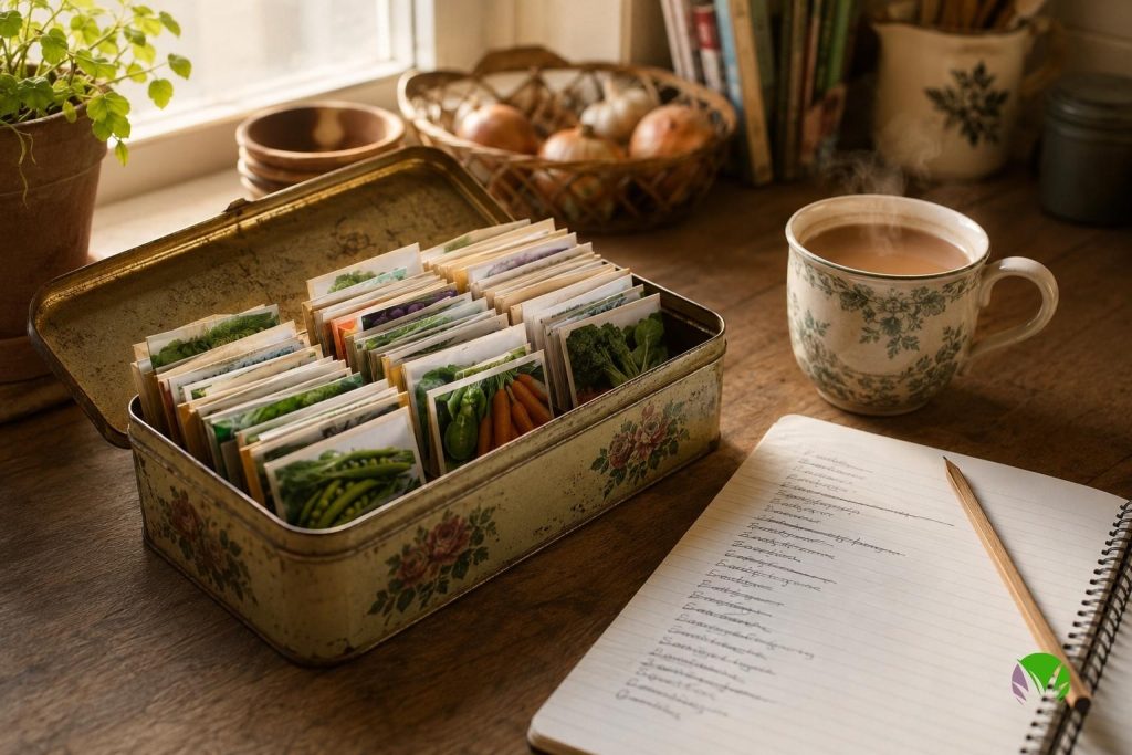 Old biscuit tin of organised seed packets with a handwritten order list and mug of tea