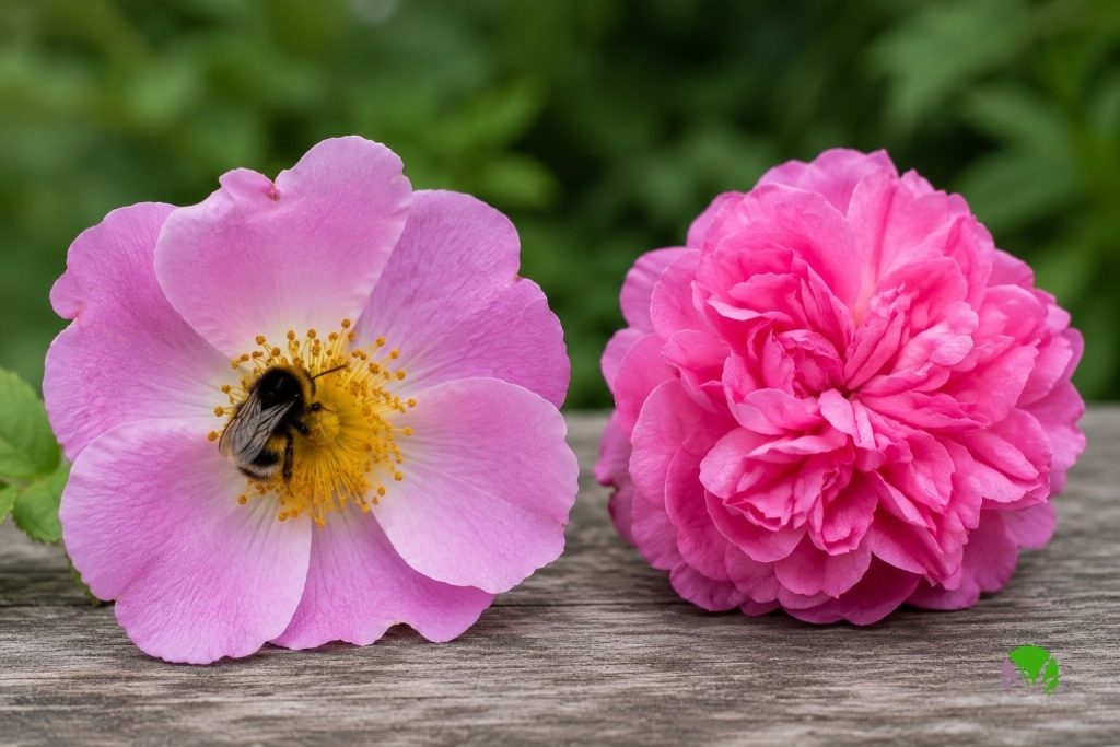 Single open flower with a bee feeding beside a frilly double flower with no insects