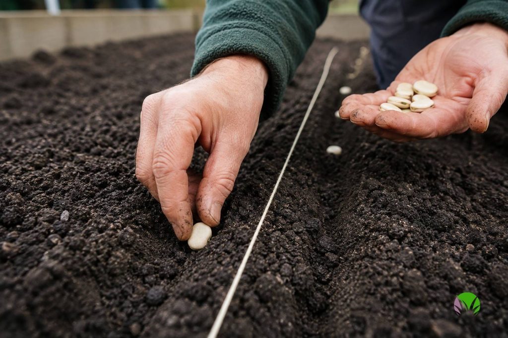 Hand pushing a large broad bean seed into dark soil in a marked row