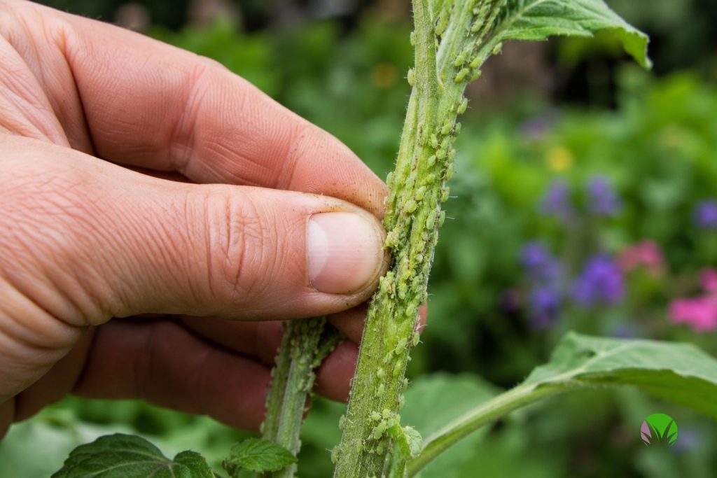 Squashing a colony of greenfly on a stem between finger and thumb