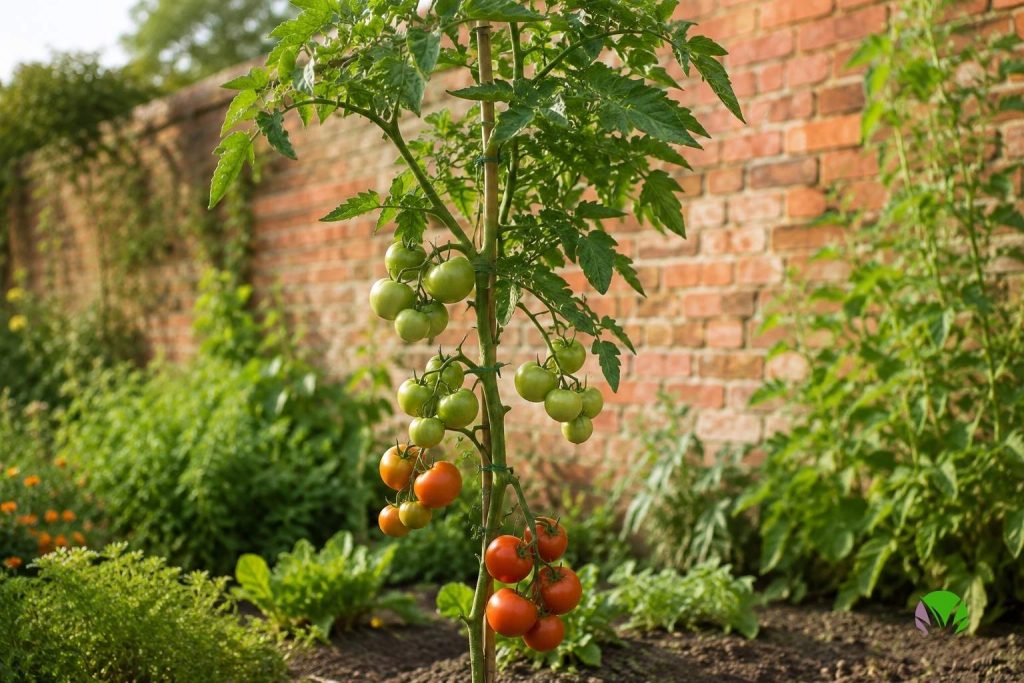 A cordon tomato plant with lower leaves removed and trusses of fruit exposed