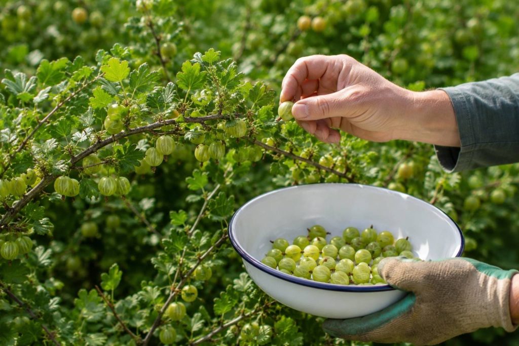 Hand picking small green gooseberries into a bowl to thin the crop in June