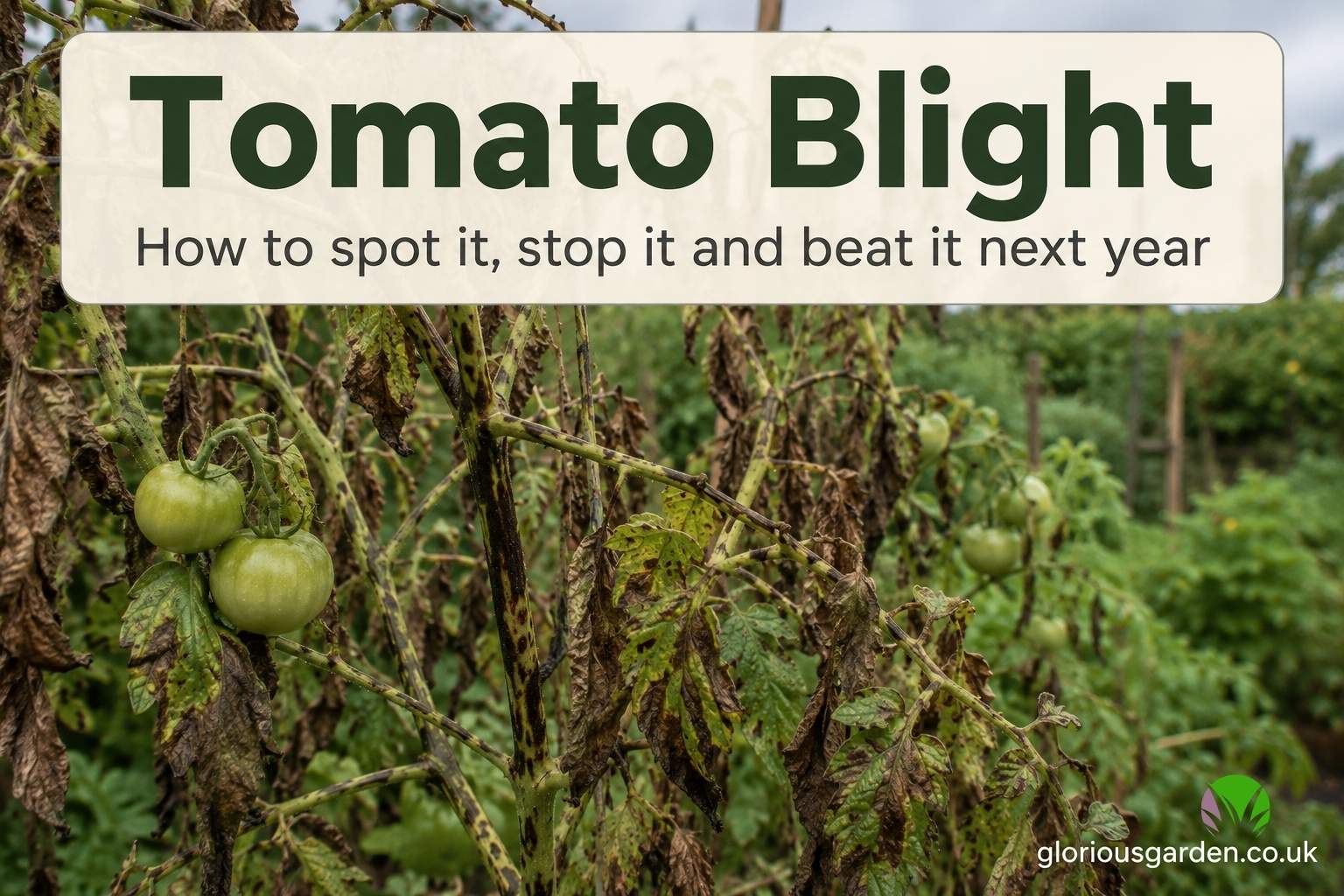 Tomato blight, brown blighted leaves and stems on a collapsing outdoor tomato plant