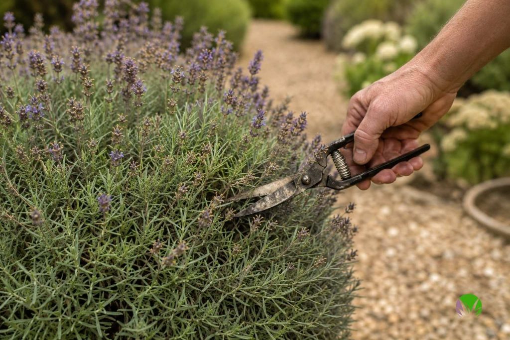 Shears trimming faded lavender flower stalks into a neat mound in late summer
