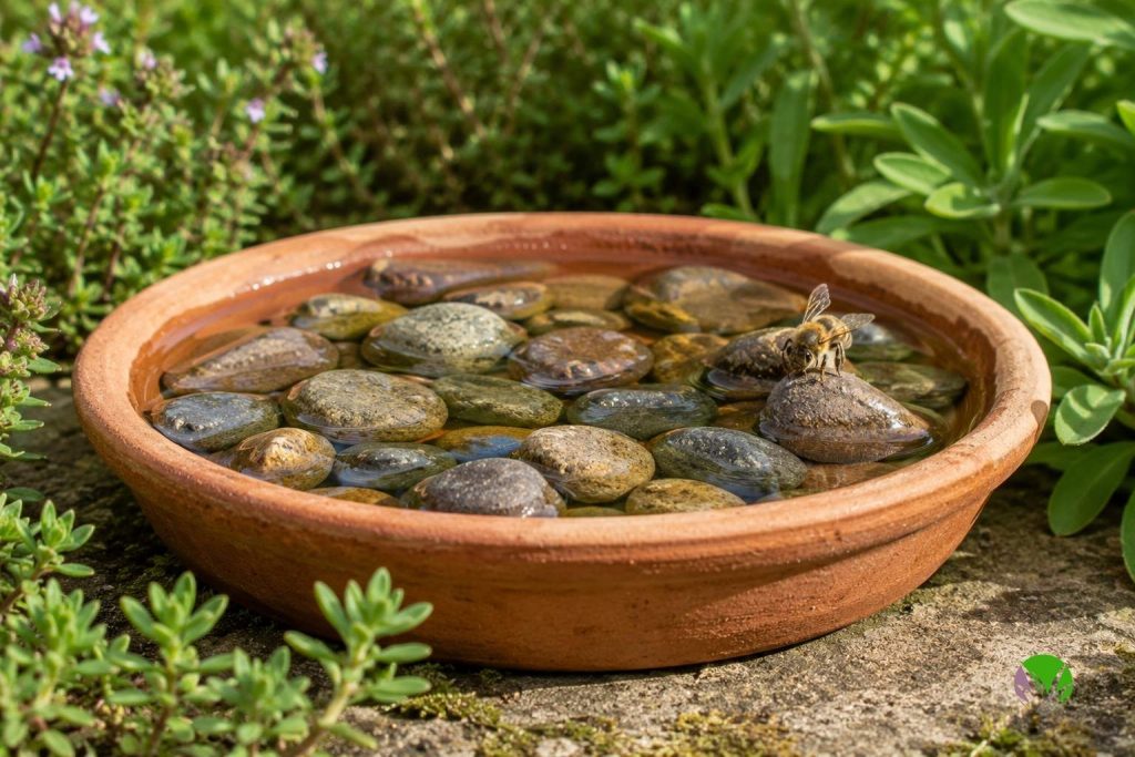 Shallow saucer of water with pebbles providing a safe drinking spot for bees