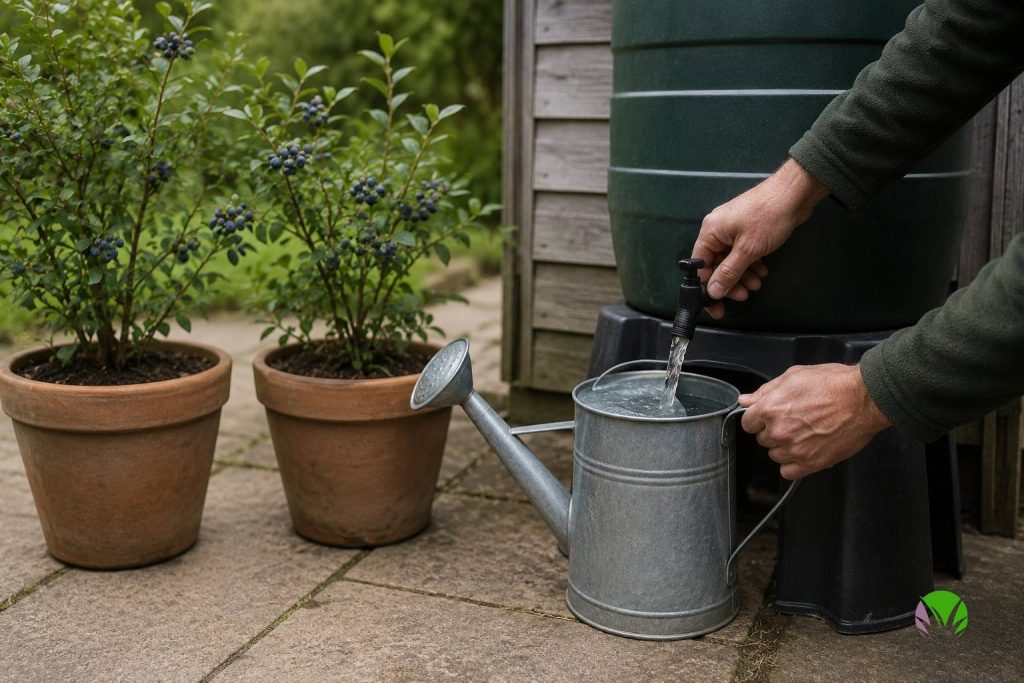 Watering can filled from a garden water butt to water potted blueberry bushes