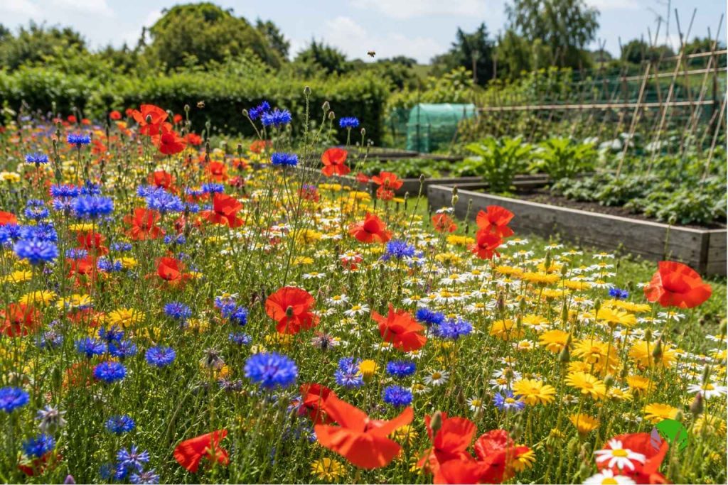 Wildflower seed mix in flower along a sunny strip beside vegetable beds