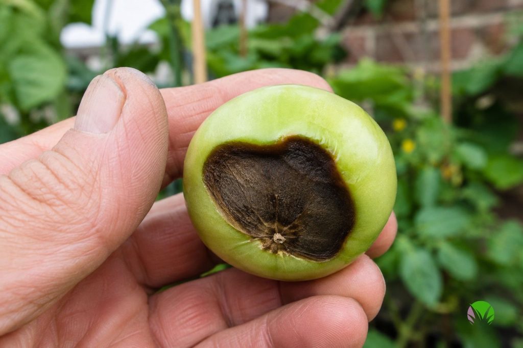 lose up of blossom end rot on a green tomato showing the leathery brown patch