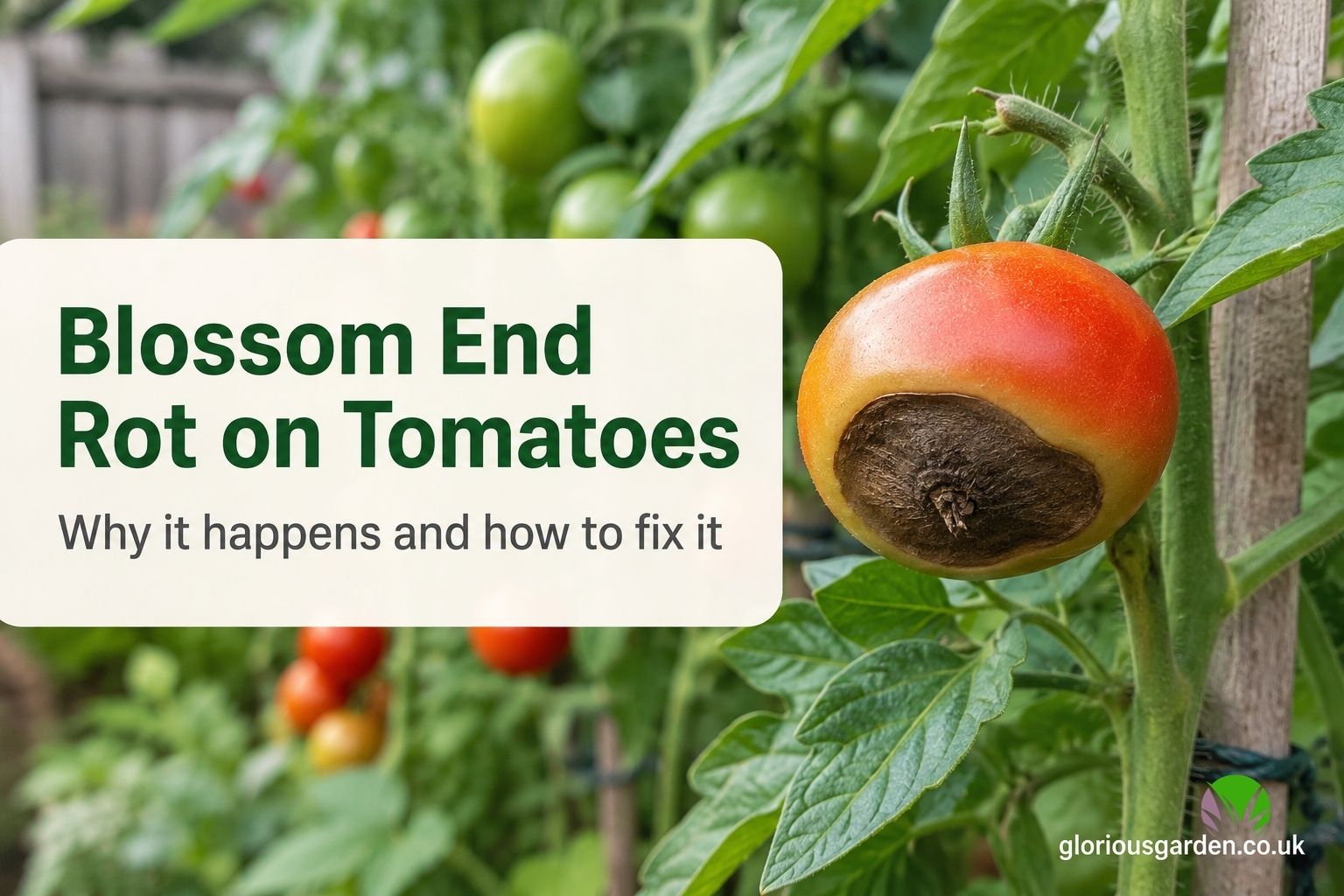 Tomato with blossom end rot showing dark sunken patch on the bottom of the fruit in a UK garden
