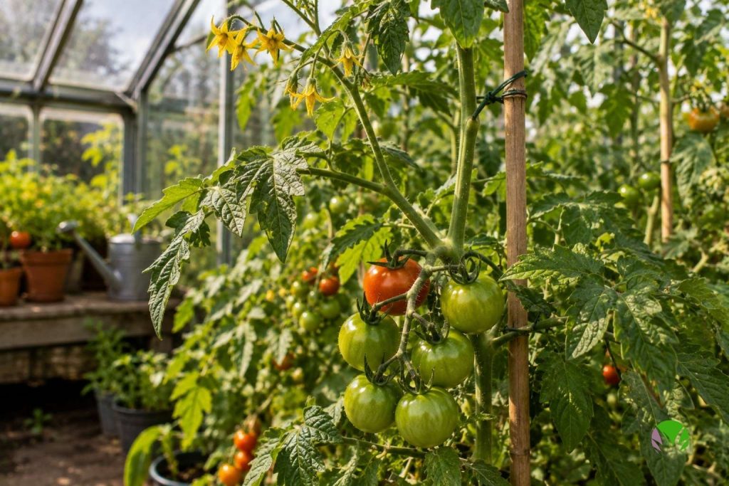 Established tomato plant in flower and fruit growing in a UK greenhouse in late summer