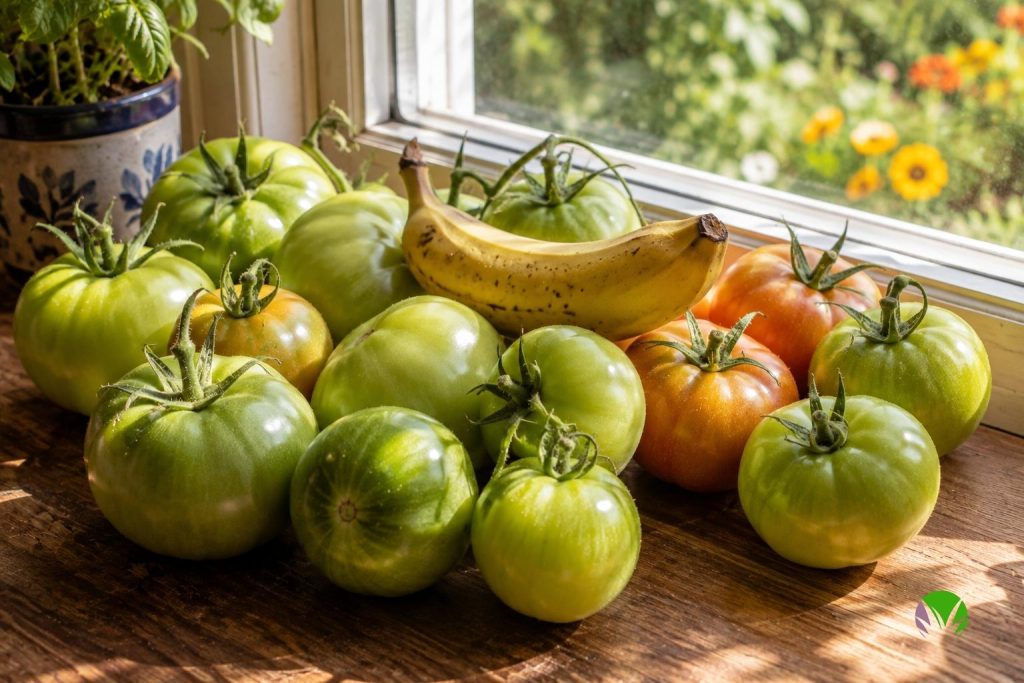 Green tomatoes ripening on a sunny windowsill next to a banana in a UK home