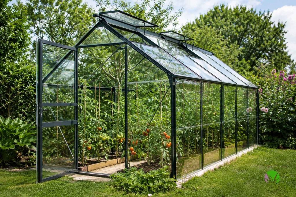 Open greenhouse door and vents ventilating tomato plants in a UK garden