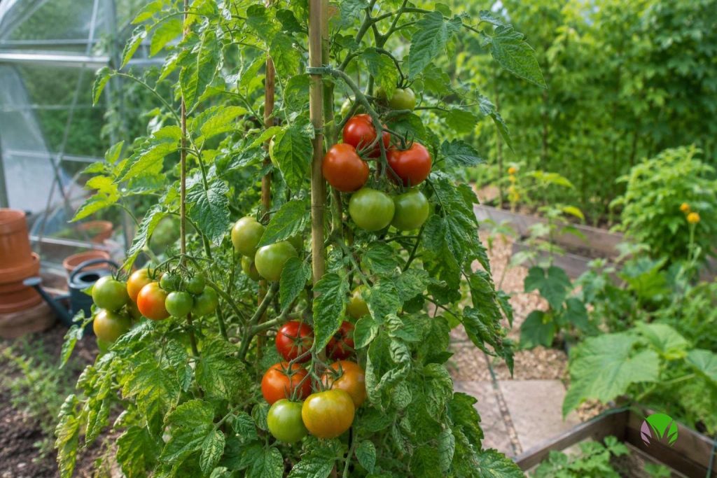 Healthy tomato plant cropping well despite some lower leaf curl in a UK garden