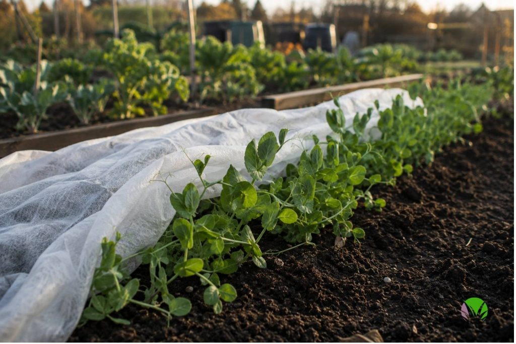 Horticultural fleece laid over a row of late sown peas to protect from autumn cold