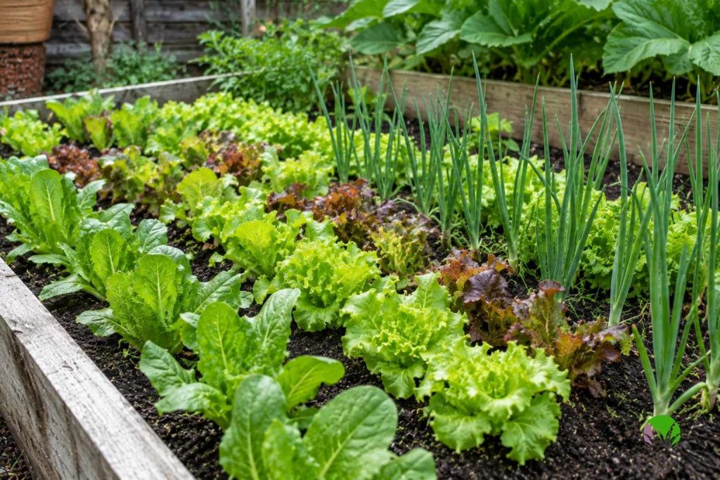 Young lettuce and salad leaves growing in a UK garden bed in late summer