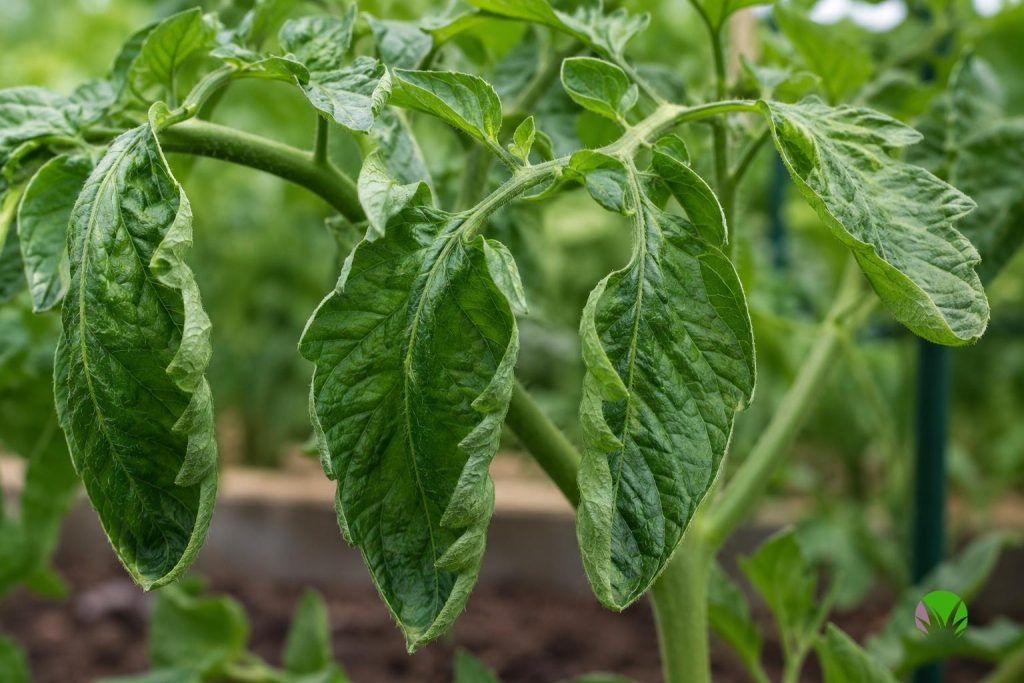 Physiological leaf curl on the lower older leaves of a healthy tomato plant