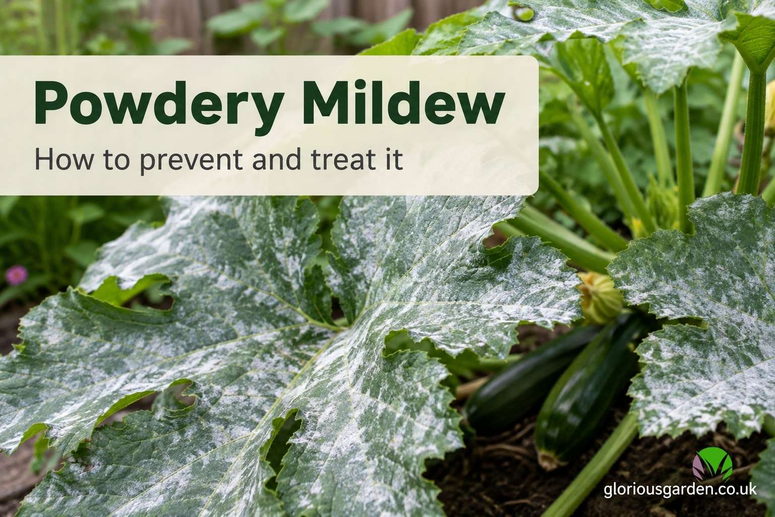 Powdery mildew showing as white dusty coating on courgette leaves in a UK garden