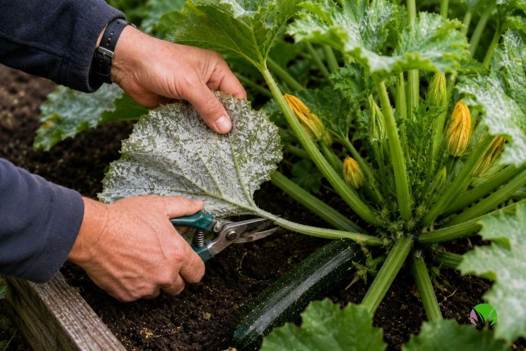 Removing mildew-affected leaves from a courgette plant to improve airflow in a UK garden