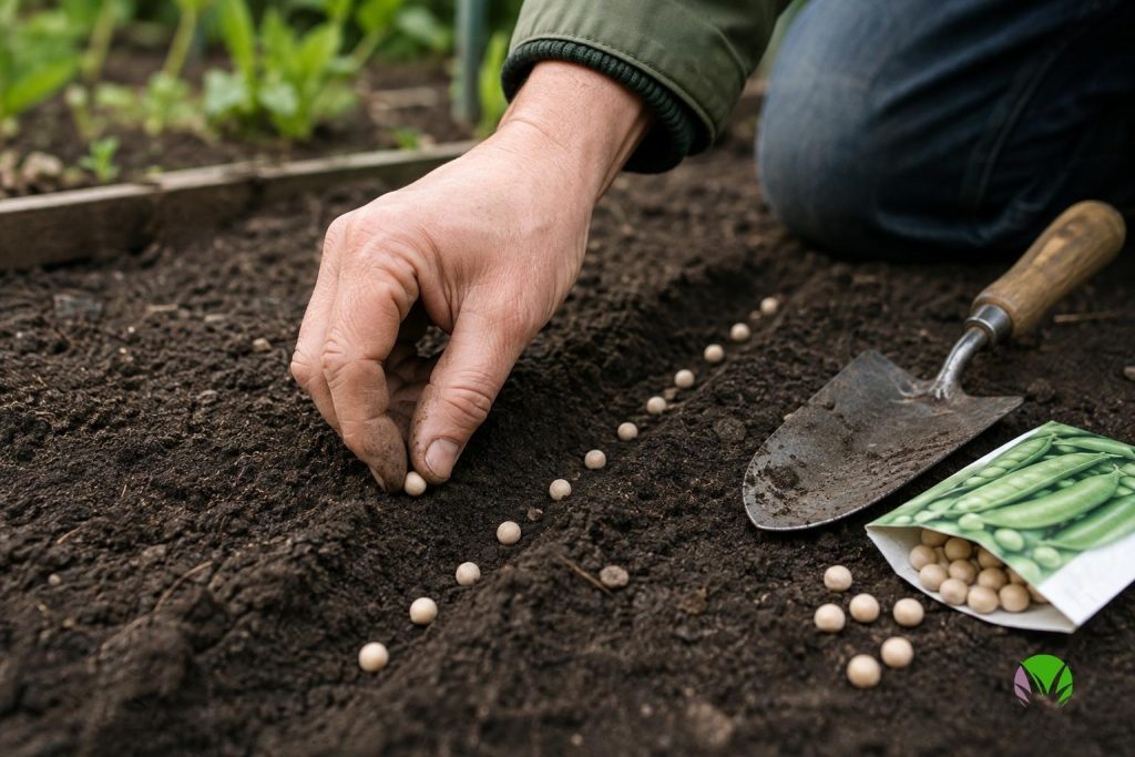 Round early pea seeds being sown into a shallow drill in moist soil