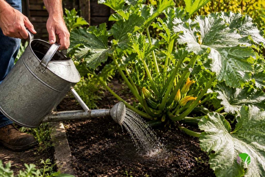 Watering courgette plants at the base to prevent powdery mildew in a UK garden
