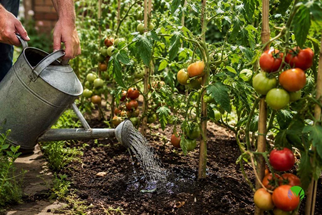 Watering tomato plants consistently at the base to prevent splitting in a UK garden